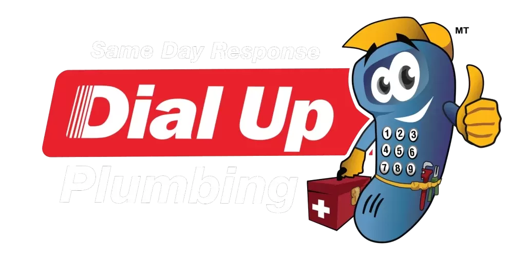 Dial Up Plumbing logo featuring a thumbs-up phone with a toolbox, promoting same-day response services.