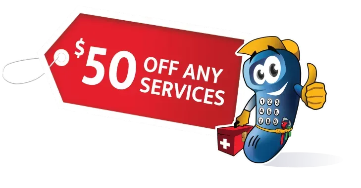 $50 off any services, depicted on a red tag with a smiling phone character giving a thumbs up and holding a first aid kit.