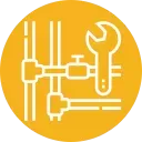 Yellow circle with white piping and wrench icon indicating plumbing or mechanical work.