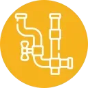 Icon of white plumbing pipes and a valve on a yellow circular background.